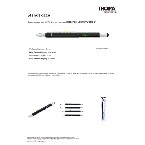 TROIKA Multitasking-Kugelschreiber CONSTRUCTION , Troika, schwarz, Messing, 15,00cm x 1,30cm x 1,10cm (Länge x Höhe x Breite), Bild 6