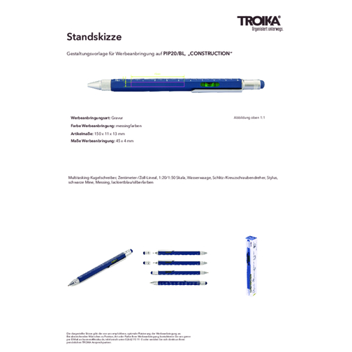 TROIKA Multitasking-Kugelschreiber CONSTRUCTION , Troika, blau, silberfarben, Messing, 15,00cm x 1,30cm x 1,10cm (Länge x Höhe x Breite), Bild 6
