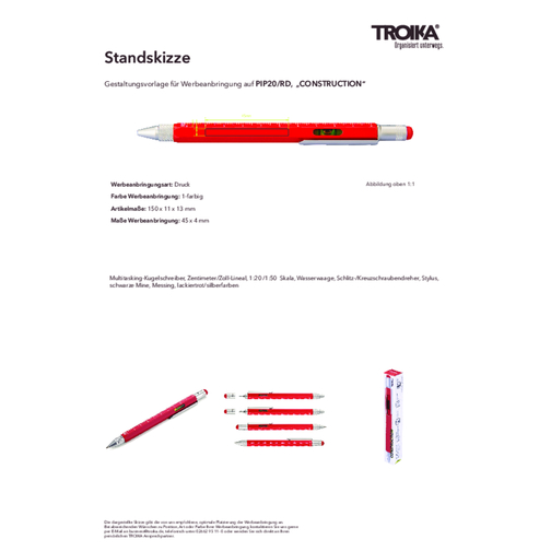 TROIKA Multitasking-Kugelschreiber CONSTRUCTION , Troika, rot, silberfarben, Messing, 15,00cm x 1,30cm x 1,10cm (Länge x Höhe x Breite), Bild 7