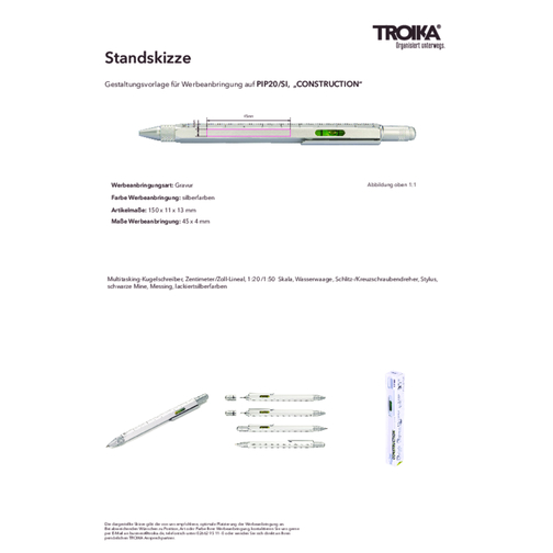 TROIKA Multitasking-Kugelschreiber CONSTRUCTION , Troika, silberfarben, Messing, 15,00cm x 1,30cm x 1,10cm (Länge x Höhe x Breite), Bild 7