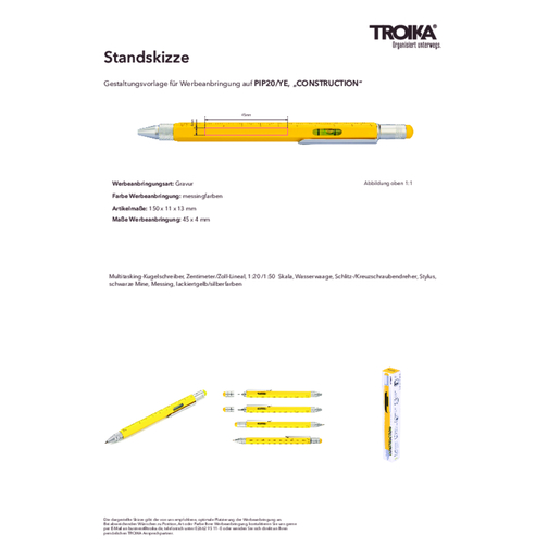TROIKA Multitasking-Kugelschreiber CONSTRUCTION , Troika, gelb, silberfarben, Messing, 15,00cm x 1,30cm x 1,10cm (Länge x Höhe x Breite), Bild 7