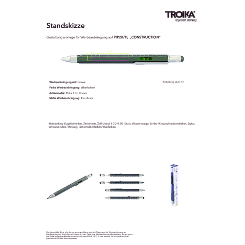 TROIKA Multitasking-Kugelschreiber CONSTRUCTION , Troika, silberfarben, titanfarben, Messing, 15,00cm x 1,30cm x 1,10cm (Länge x Höhe x Breite), Bild 6