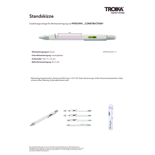 TROIKA Multitasking-Kugelschreiber CONSTRUCTION , Troika, silberfarben, weiß, Messing, 15,00cm x 1,30cm x 1,10cm (Länge x Höhe x Breite), Bild 7