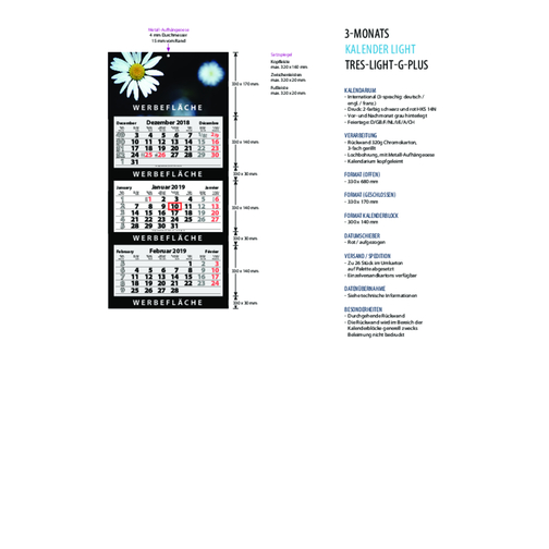 3-Monats Faltkalender 'Tres-Light Plus' , Rückwand: 290 g/m² Chromokarton, Kalenderblätter: 70 g/m² holzfrei weiss, chlorfrei gebleicht, 68,00cm x 33,00cm (Höhe x Breite), Bild 2