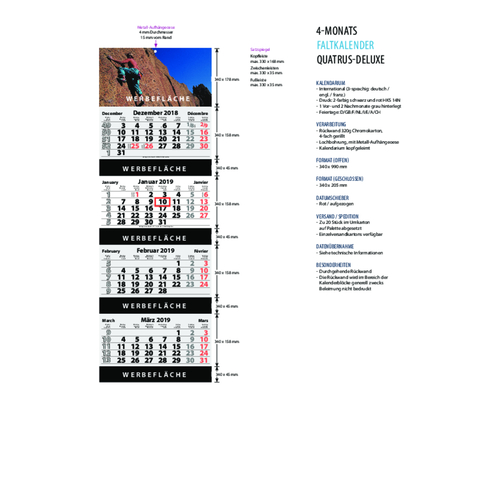 4-Monats Faltkalender 'Quatrus-Deluxe' , weiß, Rückwand: 290 g/m² Chromokarton, Kalenderblätter: 70 g/m² holzfrei weiß, chlorfrei gebleicht, 99,00cm x 34,00cm (Höhe x Breite), Bild 2