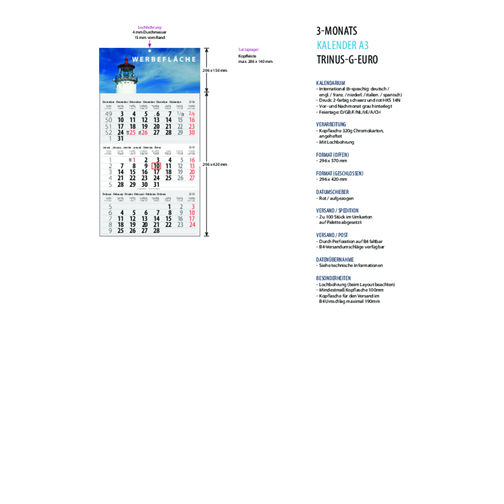 3-Monats DIN A3 Kalender 'Trinus Euro' , Kopflasche: 290 g/m² Chromokarton, Kalenderblätter: 70 g/m² holzfrei weiss, chlorfrei gebleicht, 42,00cm x 29,60cm (Höhe x Breite), Bild 3