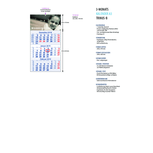 3-Monats DIN A3 Kalender 'Trinus B' , weiß, Kopflasche: 290 g/m² Chromokarton, Kalenderblätter: 70 g/m² holzfrei weiß, chlorfrei gebleicht, 42,00cm x 29,60cm (Höhe x Breite), Bild 2