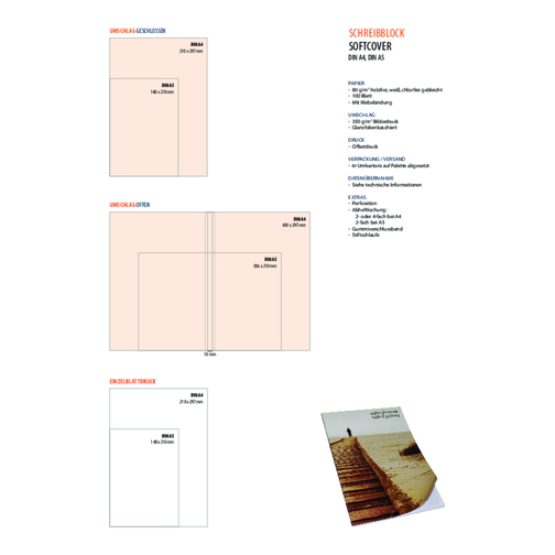 Schreibblock DIN A4 Mit Softcover , Umschlag: 350 g/m² Bilderdruck glänzend, Innenblätter: 80 g/m² holzfrei weiß, chlorfrei gebleicht, 29,70cm x 21,00cm (Höhe x Breite), Bild 5