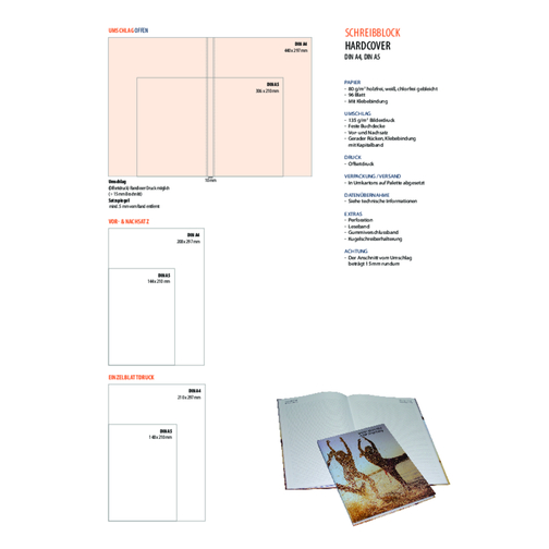 Schreibblock DIN A4 Mit Hardcover , weiß, Umschlag: 135 g/m² Bilderdruck glänzend, Innenblätter: 80 g/m² holzfrei weiß, chlorfrei gebleicht, 29,70cm x 21,00cm (Höhe x Breite), Bild 3