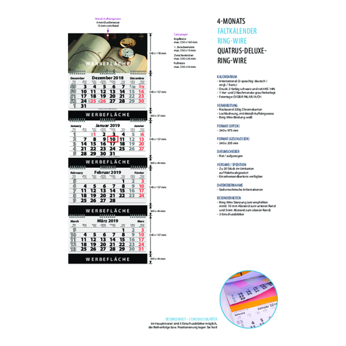 4-Monats Faltkalender 'Quatrus-Deluxe Ring-Wire' , Rückwand: 290 g/m² Chromokarton, Kalenderblätter: 70 g/m² holzfrei weiß, chlorfrei gebleicht, 97,50cm x 34,00cm (Höhe x Breite), Bild 2