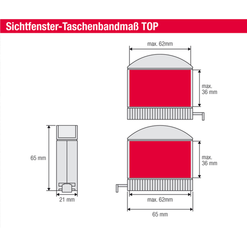 Sichtfenster Taschenbandmaß TOP 2 M , rot, ABS-Kunststoff, 6,50cm x 2,10cm x 6,50cm (Länge x Höhe x Breite), Bild 3