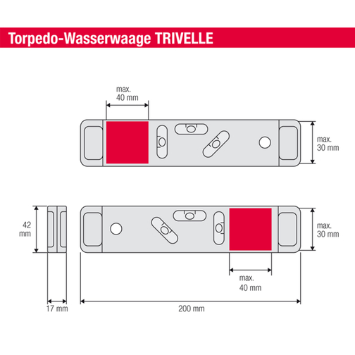 Wasserwaage Trivelle 20 Cm , rot, ABS-Kunststoff, 20,00cm x 1,70cm x 4,20cm (Länge x Höhe x Breite), Bild 5
