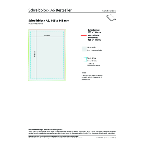 Schreibblock Bestseller A6, 50 Blatt , individuell, Weisses Papier 80 g/m², 14,80cm x 10,50cm (Länge x Breite), Bild 2