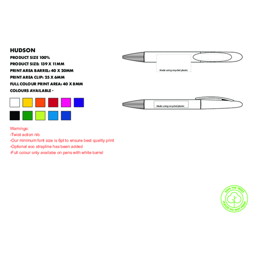 Hudson Kugelschreiber - Recycelt , Green&Good, weiß, biologisch abbaubares Plastik, 14,00cm x 1,10cm x 1,10cm (Länge x Höhe x Breite), Bild 6