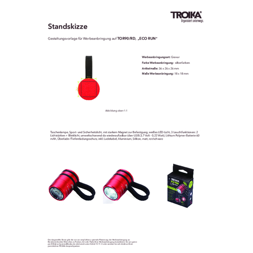 TROIKA Taschenlampe ECO RUN , Troika, rot, schwarz, Aluminium, Silikon, 3,60cm x 2,60cm x 2,60cm (Länge x Höhe x Breite), Bild 7