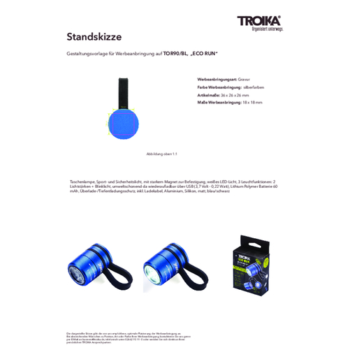 TROIKA Taschenlampe ECO RUN , Troika, blau, schwarz, Aluminium, Silikon, 3,60cm x 2,60cm x 2,60cm (Länge x Höhe x Breite), Bild 7