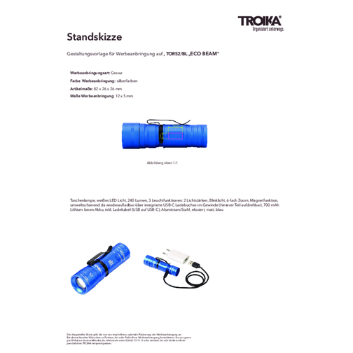 TROIKA Taschenlampe ECO BEAM , Troika, blau, schwarz, Aluminium, Stahl, 8,20cm x 2,60cm x 2,60cm (Länge x Höhe x Breite), Bild 6