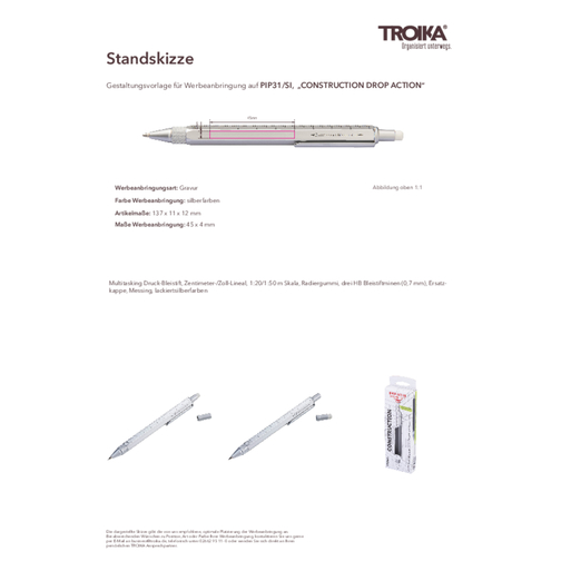 TROIKA Multitasking Druck-Bleistift CONSTRUCTION DROP ACTION , Troika, silberfarben, Messing, 13,70cm x 1,20cm x 1,10cm (Länge x Höhe x Breite), Bild 3