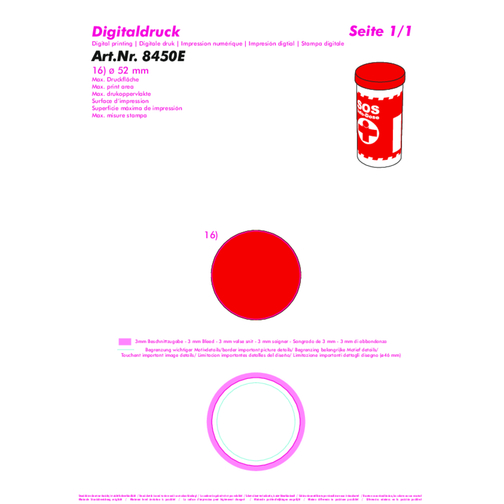 SOS-Info-Dose Mit Standardbanderole Und Deckaufkleber , weiss, rot, PP+PAP, 11,00cm (Höhe), Bild 3