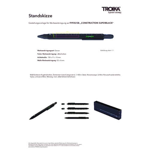 TROIKA Multifunktions-Kugelschreiber CONSTRUCTION SUPERBLACK , Troika, silberfarben, tiefschwarz, Messing, 15,00cm x 1,30cm x 1,10cm (Länge x Höhe x Breite), Bild 3