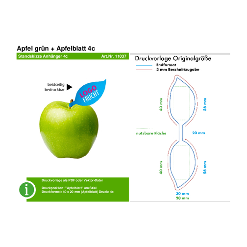 Apfel Grün + Apfelblatt 4c , grün, 7,50cm (Höhe), Bild 2