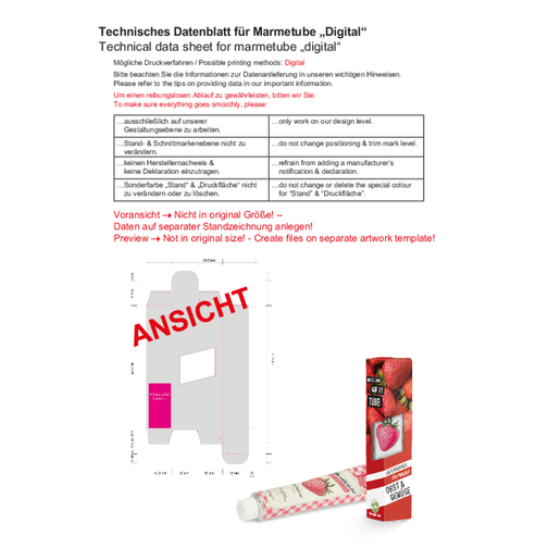 Marmetube Werbeverpackung Fruchtaufstrich Erdbeere , Werbeverpackung aus weißem Karton, 4,40cm x 22,15cm x 4,50cm (Länge x Höhe x Breite), Bild 3