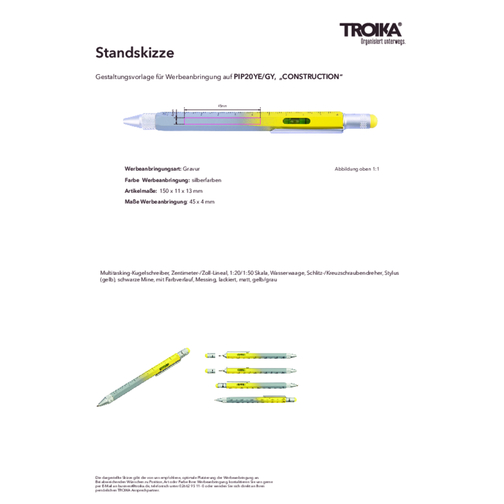TROIKA Multitasking-Kugelschreiber CONSTRUCTION , Troika, gelb, grau, Messing, 15,00cm x 1,30cm x 1,10cm (Länge x Höhe x Breite), Bild 3