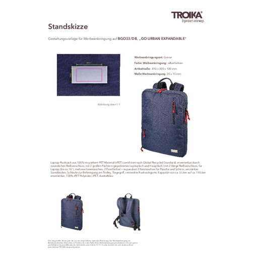 TROIKA Laptop-Rucksack GO URBAN EXPANDABLE , Troika, dunkelblau, rPET, 41,00cm x 10,00cm x 30,00cm (Länge x Höhe x Breite), Bild 7
