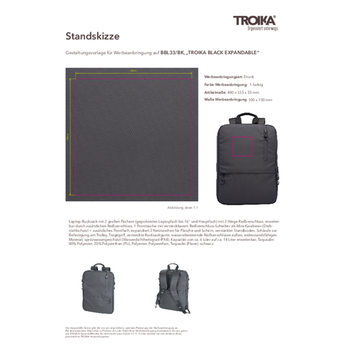 TROIKA Laptop-Rucksack TROIKA BLACK EXPANDABLE , Troika, schwarz, Polyester, Polyurethan, Tarpaulin (Plane), 48,00cm x 5,50cm x 33,50cm (Länge x Höhe x Breite), Bild 7