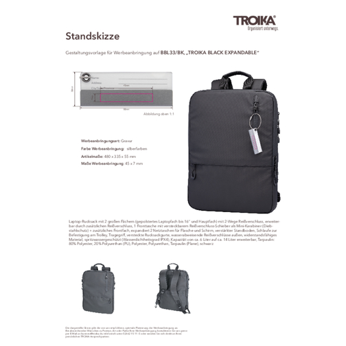 TROIKA Laptop-Rucksack TROIKA BLACK EXPANDABLE , Troika, schwarz, Polyester, Polyurethan, Tarpaulin (Plane), 48,00cm x 5,50cm x 33,50cm (Länge x Höhe x Breite), Bild 8