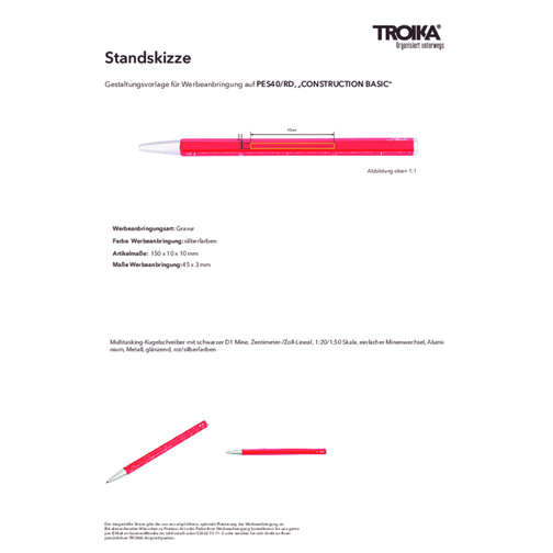 TROIKA Multitasking-Kugelschreiber CONSTRUCTION BASIC , Troika, rot, silberfarben, Aluminium, Metall, 15,00cm x 1,00cm x 1,00cm (Länge x Höhe x Breite), Bild 3