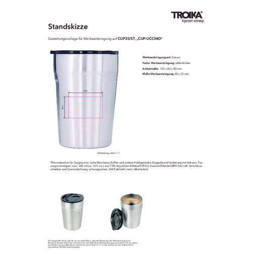 TROIKA Thermobecher CUP-UCCINO , Troika, silberfarben, 304 Edelstahl, 12,50cm x 8,00cm x 8,00cm (Länge x Höhe x Breite), Bild 6