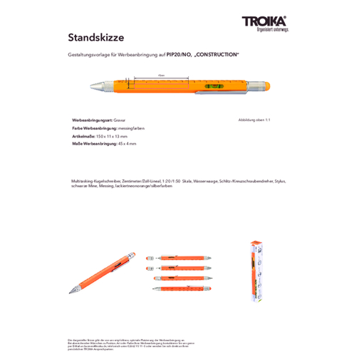 TROIKA Multitasking-Kugelschreiber CONSTRUCTION , Troika, neonorange, silberfarben, Messing, 15,00cm x 1,30cm x 1,10cm (Länge x Höhe x Breite), Bild 7